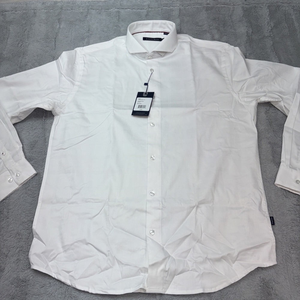 Stone Rose windowpane techno stretch long-sleeve shirt in white Lg NWT